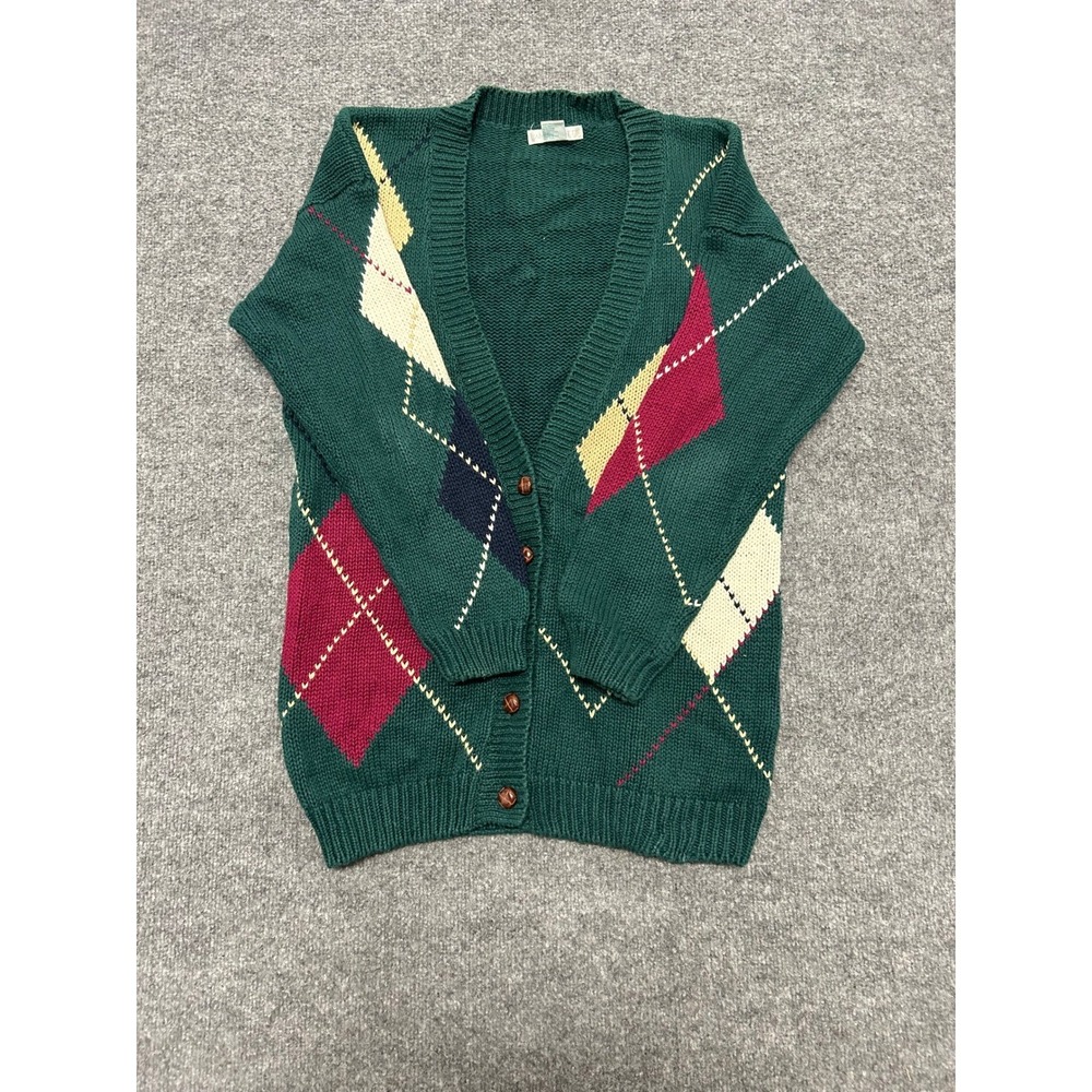 Jamie Scott Cardigan Womens Size M Green Argyle Cotton Ramie Knit Button V-Neck